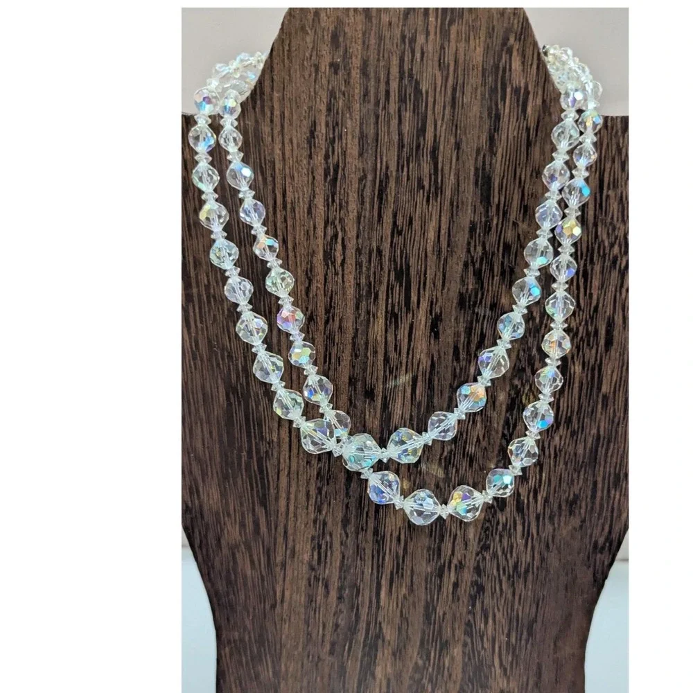 Vintage Aurora Borealis Crystal Necklace Clip-On Earring Set Double Strand Beads